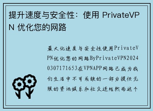 提升速度与安全性：使用 PrivateVPN 优化您的网路